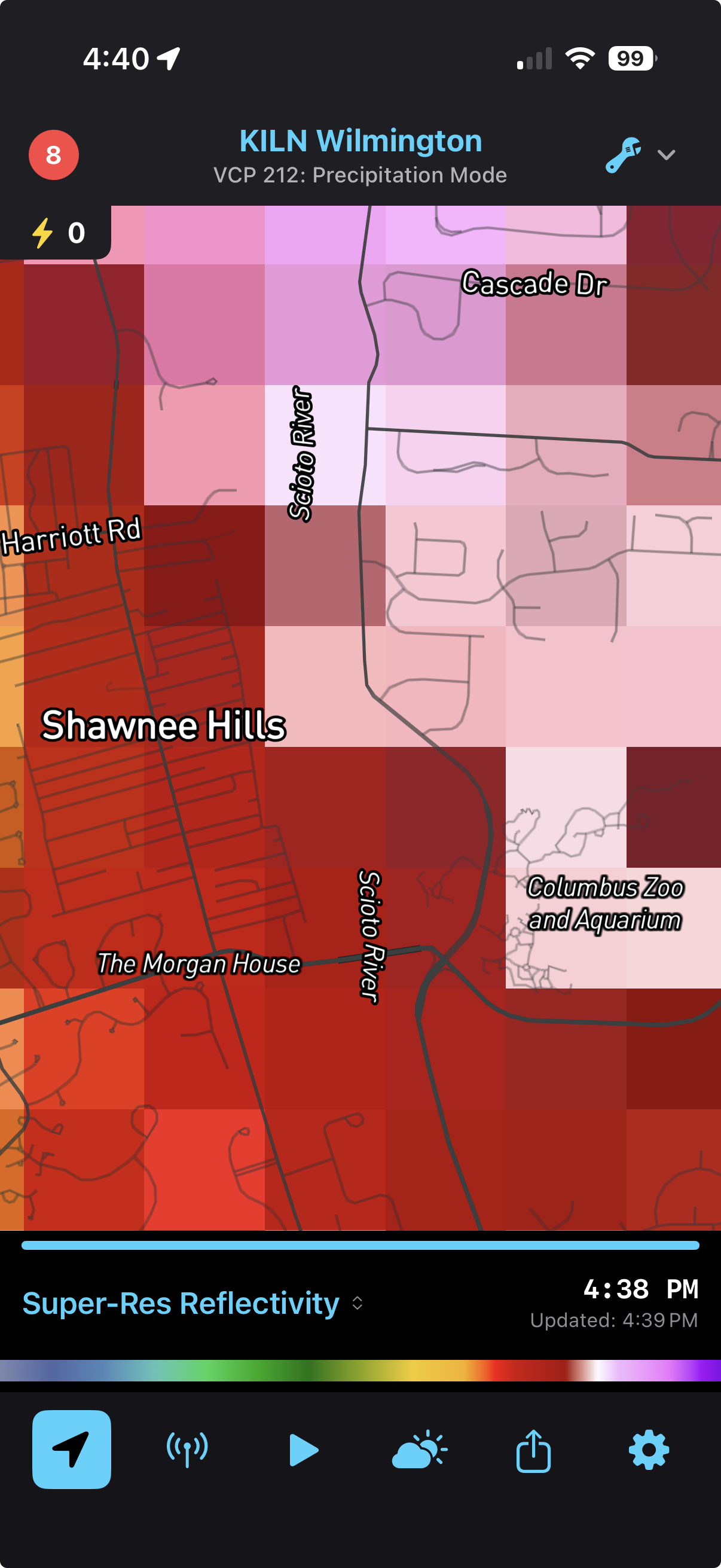 RadarCast zoomed to street level over Columbus, Ohio — showing individual roads and the Columbus Zoo inside a super-resolution reflectivity field.